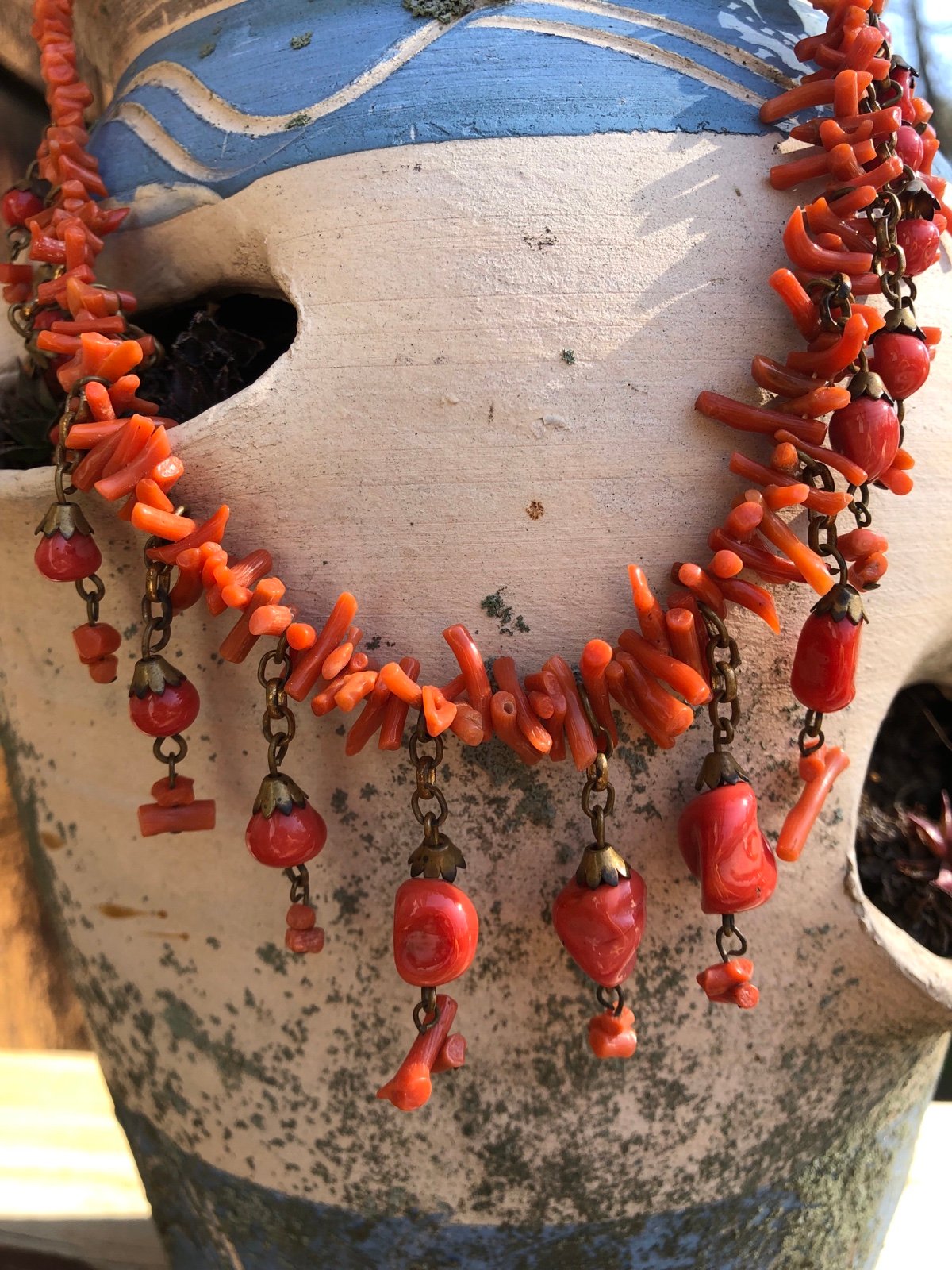 Antique coral necklace with dangles…. Needs TLC…has to be restrung…needs closure