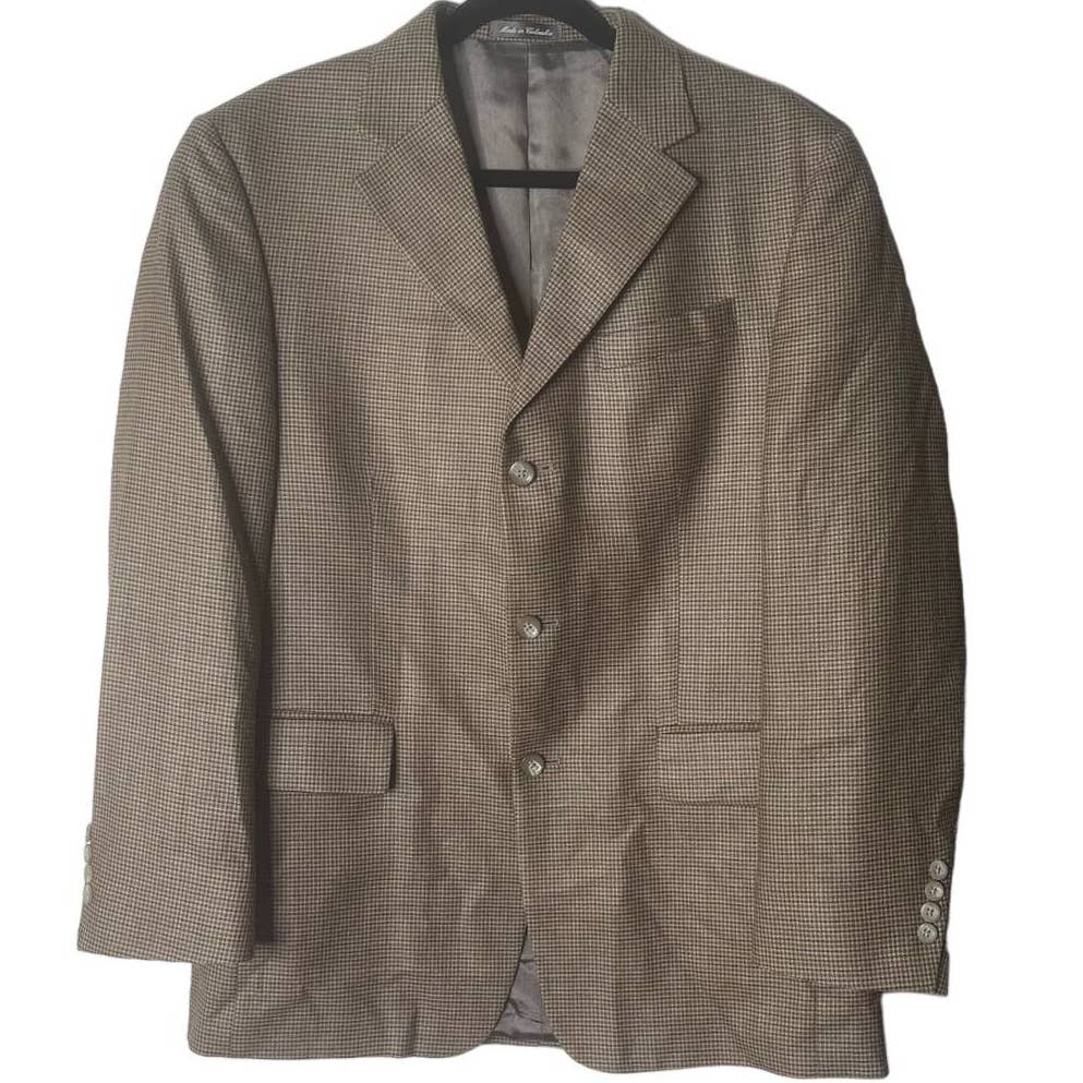 Oscar De La Renta Light Brown Tiny Houndstooth Silk and Wool 3 Button Blazer 40R