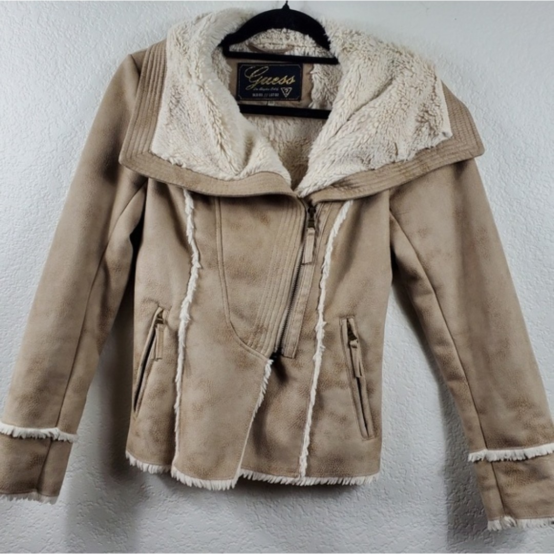 Guess Faux Fur Lined Moto Jacket Size XS