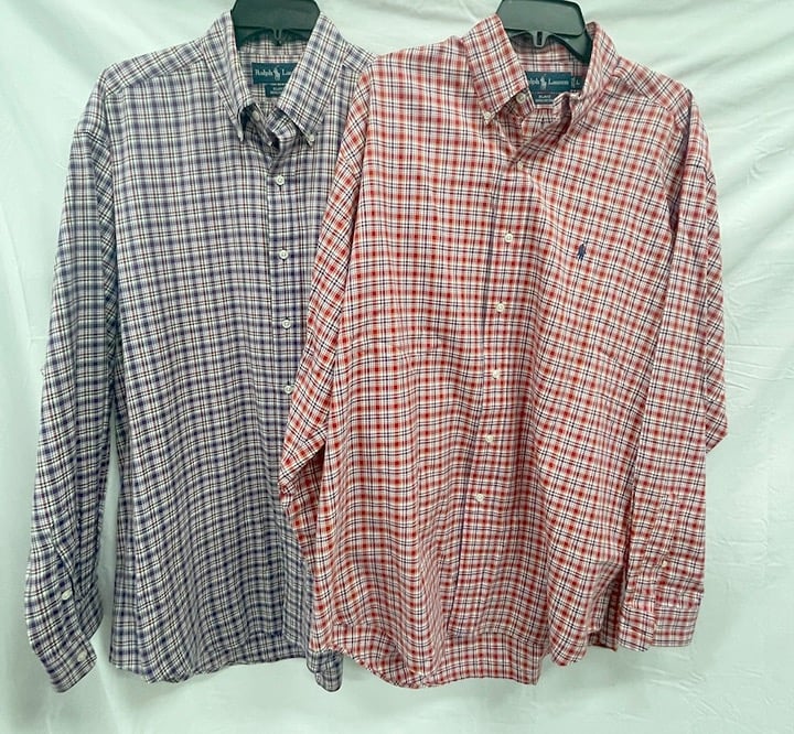 2 Blake Dress Shirts Ralph Lauren Red & Purple Plaid Long Sleeve Large