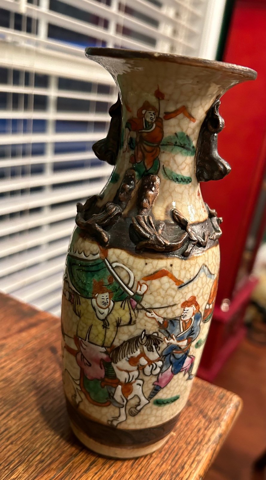 19th Century Japanese Warrior Crackle Ware Hand Painted Vase, Signed