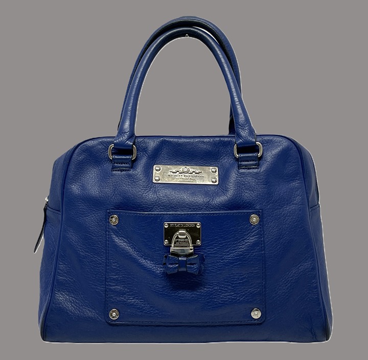MY FLAT IN LONDON Handbag Satchel MFIL Blue Pebbled Leather Bow *EUC* STRIKING!!