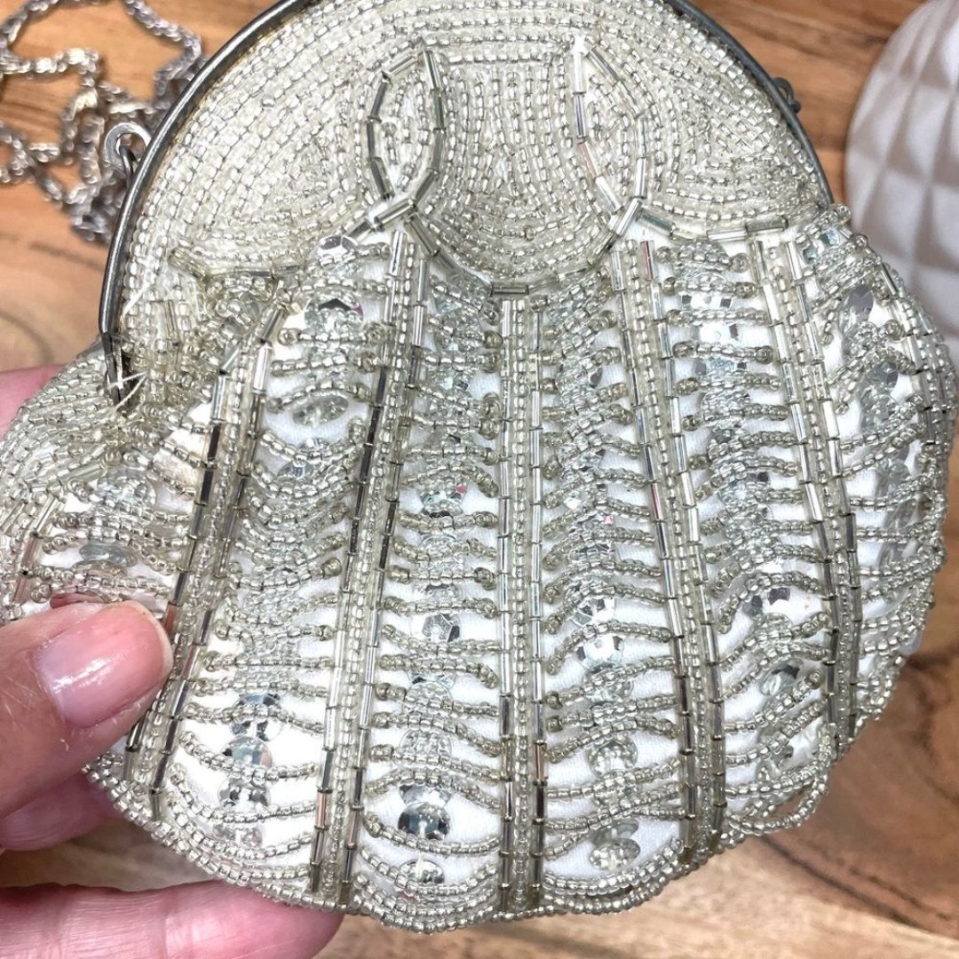 Vintage ELKA Silver Beaded Purse Bag Chain Retro 1960's