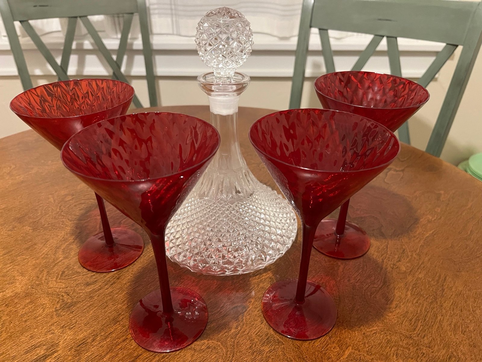 Rare Vintage Emboli Fire Red Diamond Quilted Hand Blown Martini Glasses