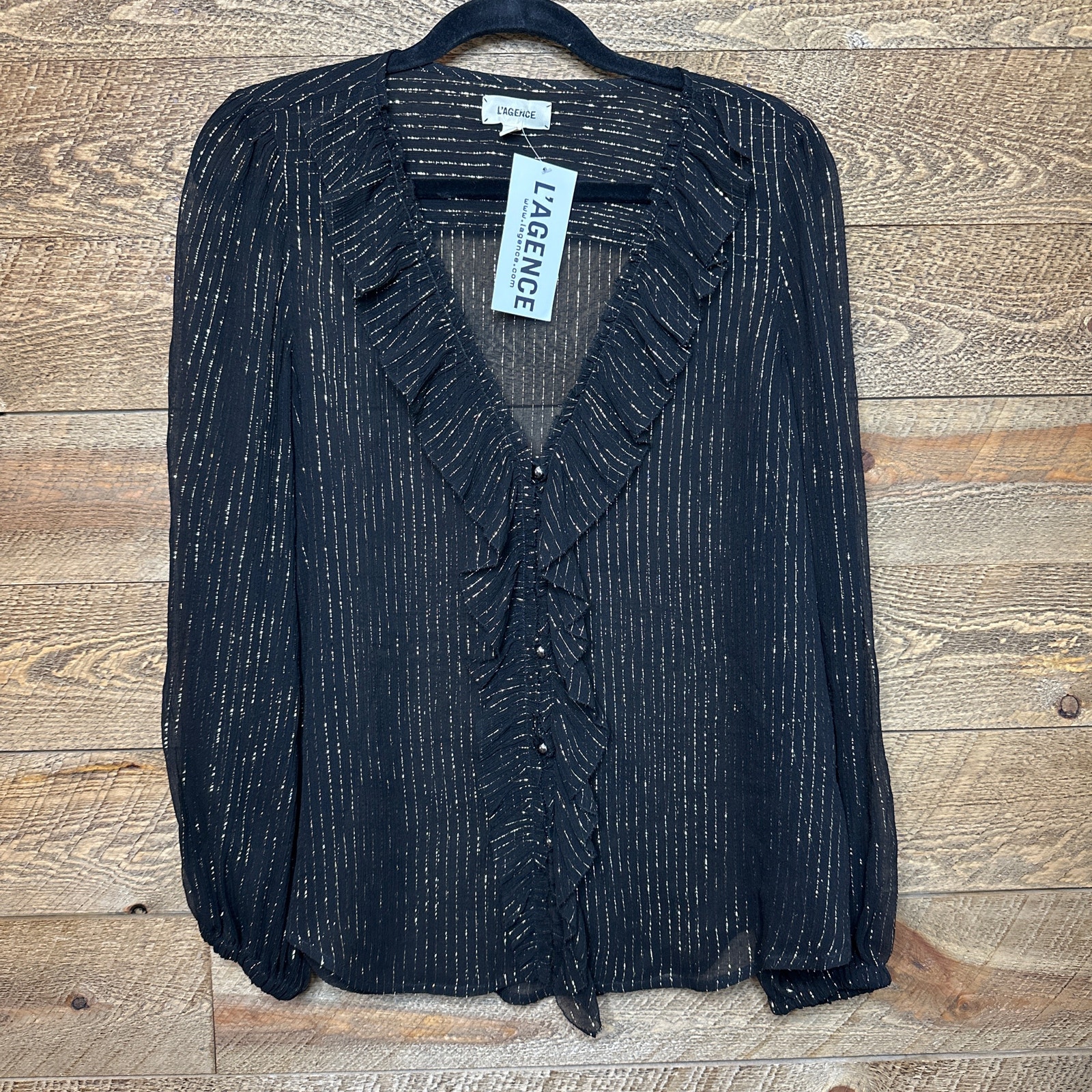 L'Agence Sheer Black silk Blouse with Metallic pinstripe Size Small NWT