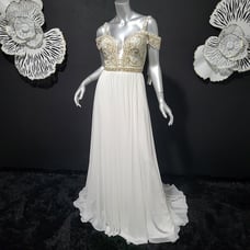 NWT~565~ANGELA & ALISON~SZ 4~IVORY GOLD BEADED COLD SHOULDER PROM DRESS GOWN