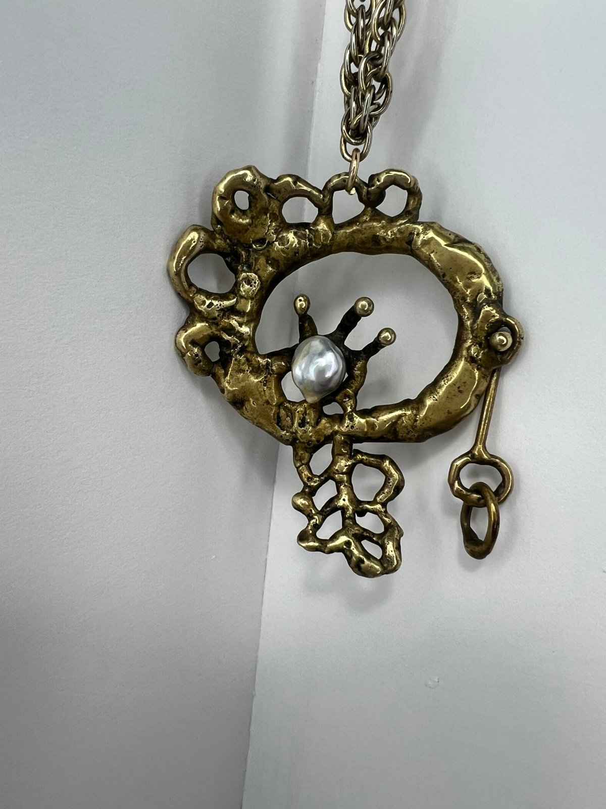Vintage Large Brutalist Bronze Pendant Necklace Pal Kepenyes Style Real Pearl