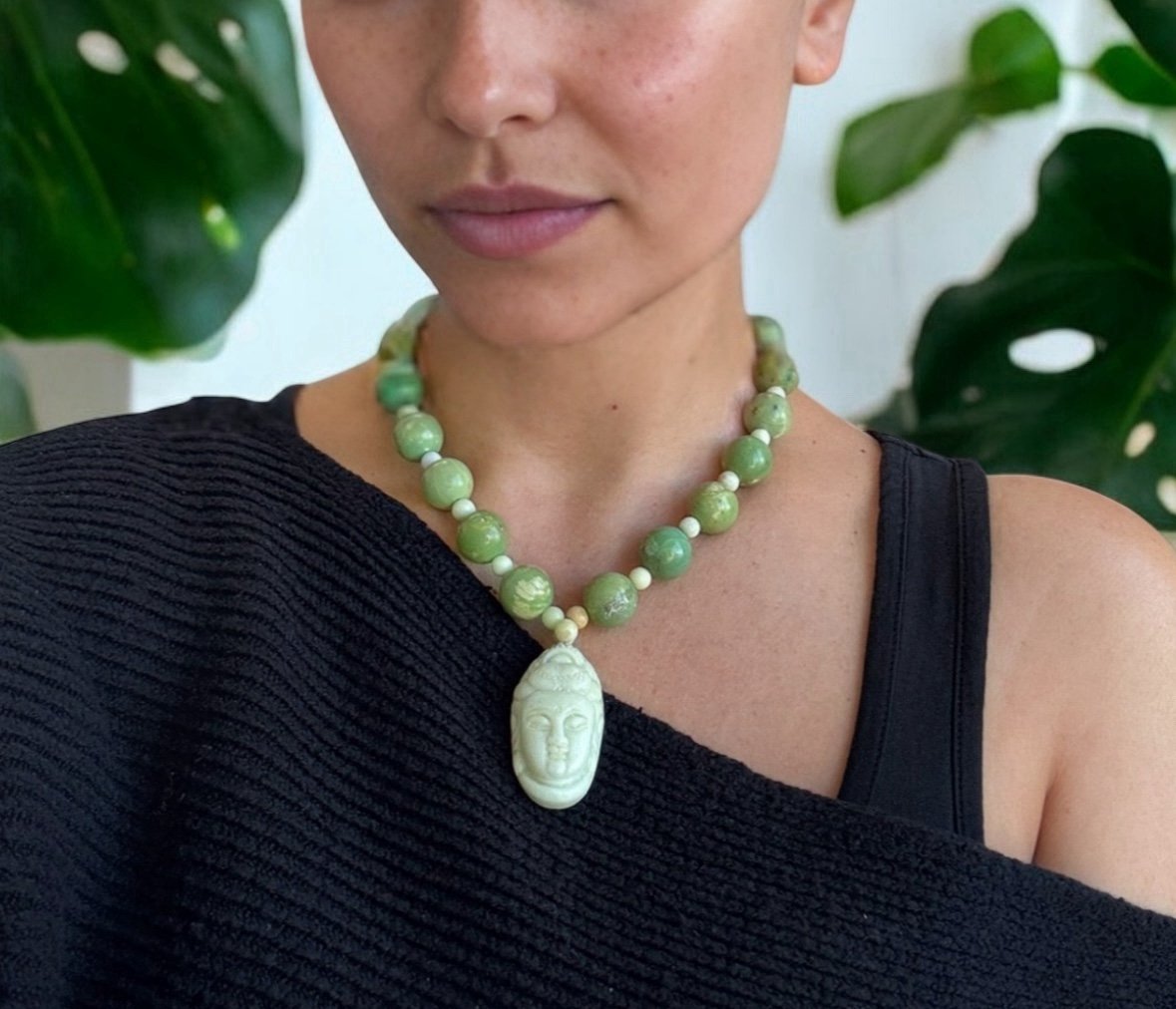 Carved Jade Buddha & Chrysoprase Necklace .925 Sterling Silver Spiritual Healing