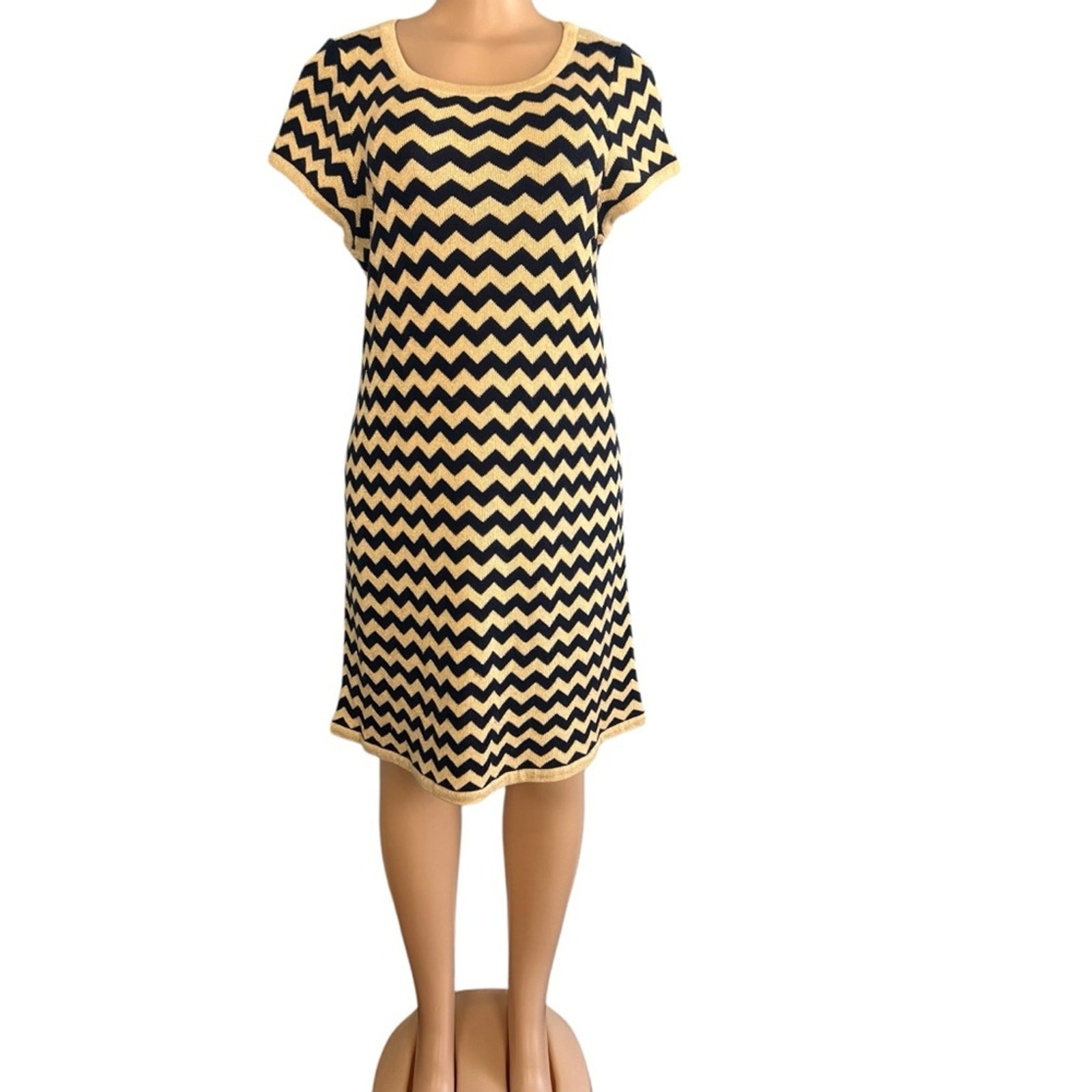 Lilly Pulitzer Santana Gold Metallic Blue Chevron Wool Blend Sweater Dress