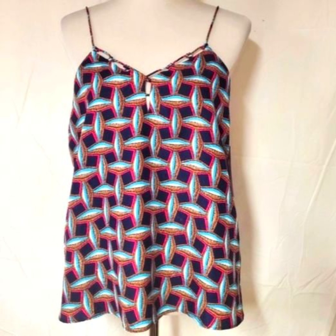 Cooper & Ella Geo Square Crepe Cut Out V-Neck Lined Flowy Cami Tank Top