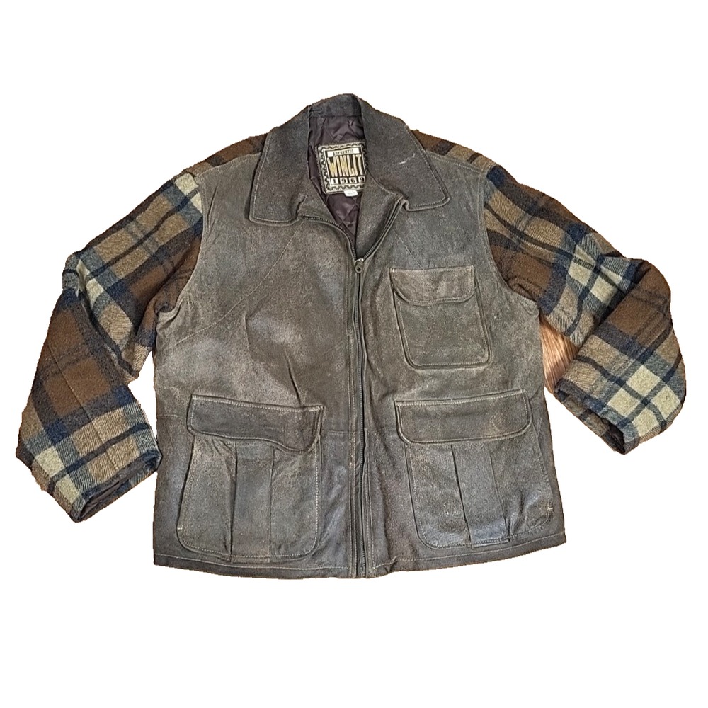 Vintage Winlit Leather Wool Flannel Chore Jacket Mens Size Medium Grandpa Grunge
