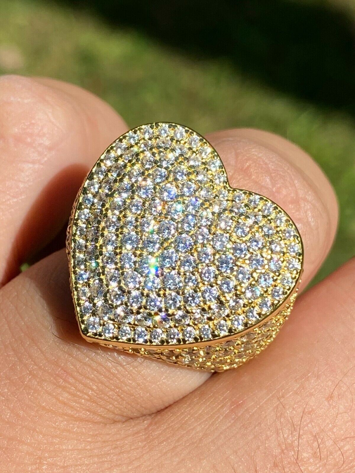 Gold ^ 925 Silver Large Iced Heart Ring SIZE 8