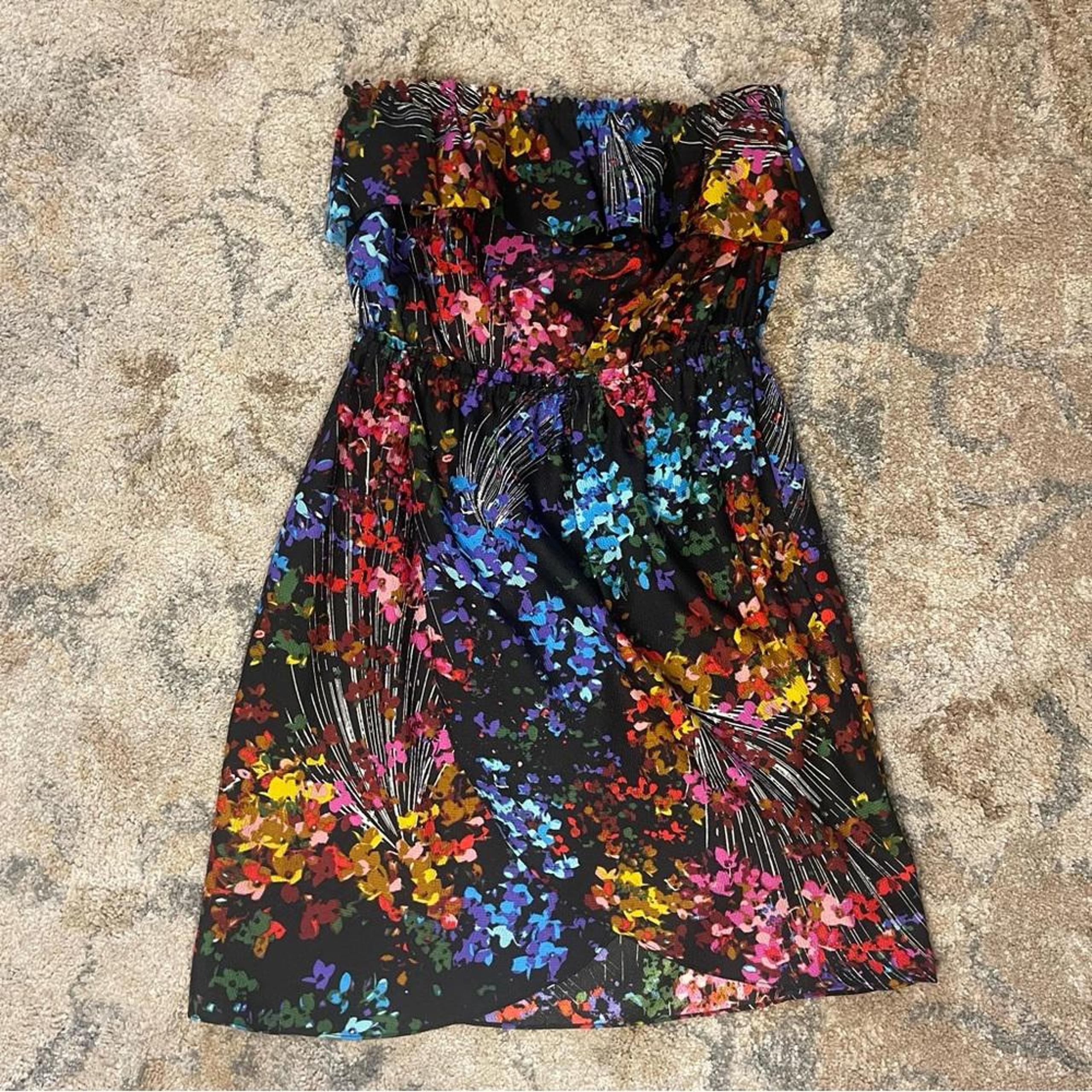 Julie Dillon black colorful floral ruffle strapless dress - size 6