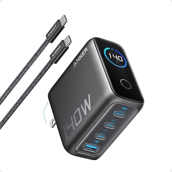 Anker 140W 4-Port GaN Laptop Charger with USB-C Cable & Display