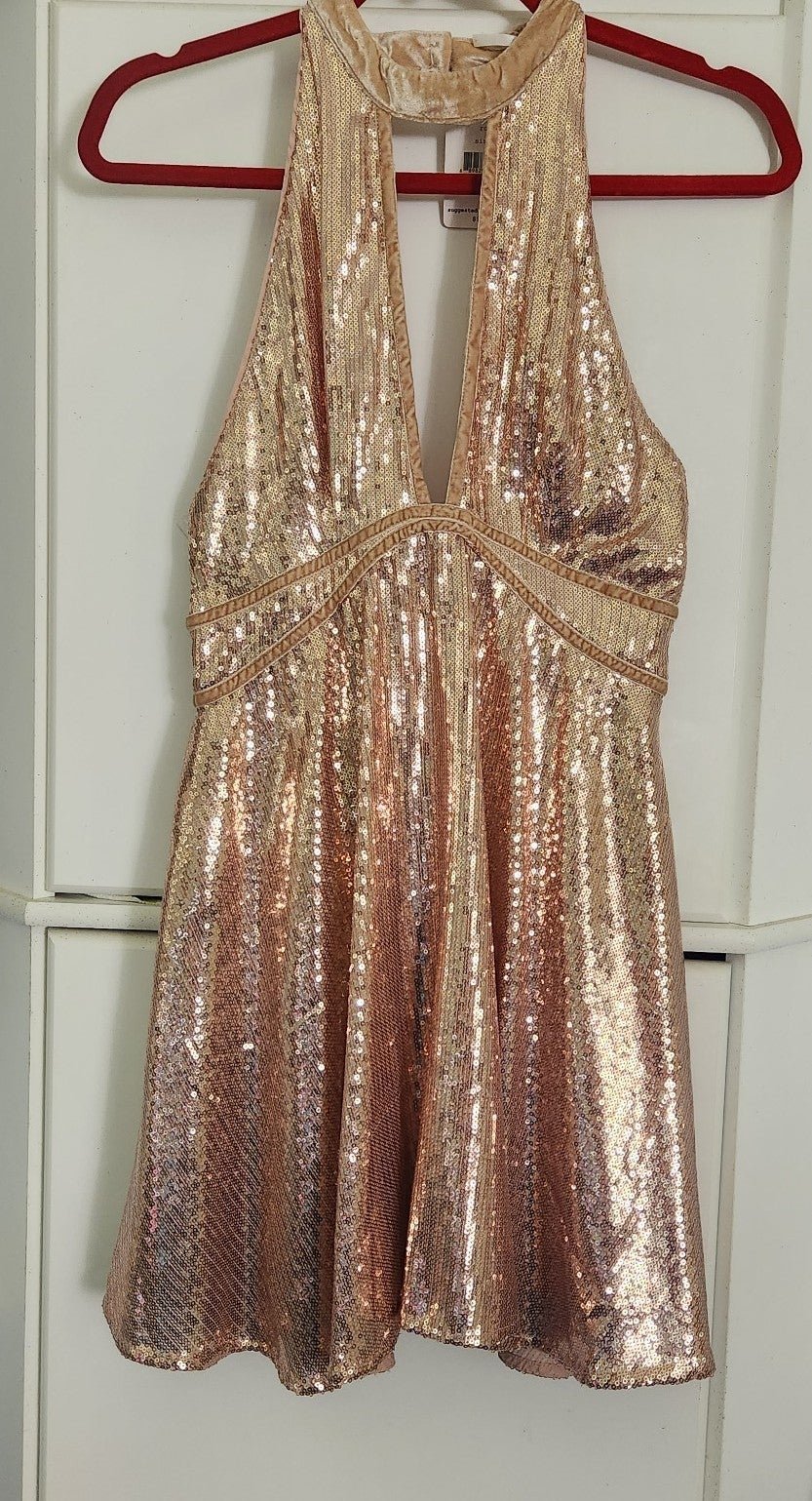 Free People Film Nior Rose Sequin Halter Mini Dress Lined 6 NWT
