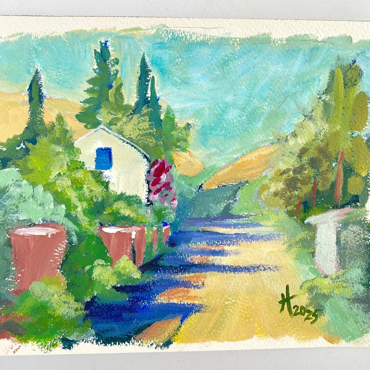 Summer Lane Original Landscape Art Acrylic Painting Matted Frame Ready