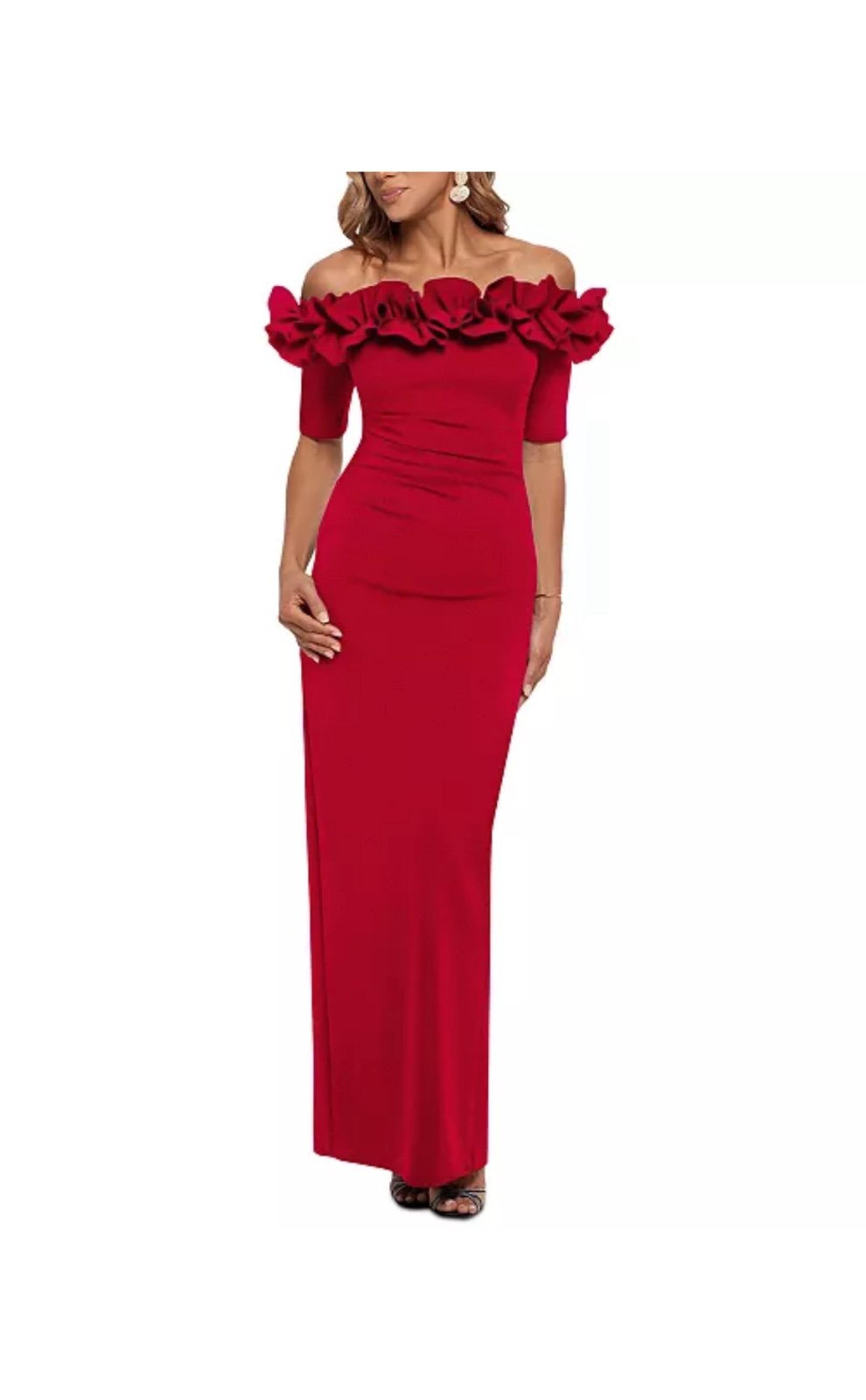 XSCAPE Red Ruffled Off the Shoulder Ruched Formal Gown 2P Petite