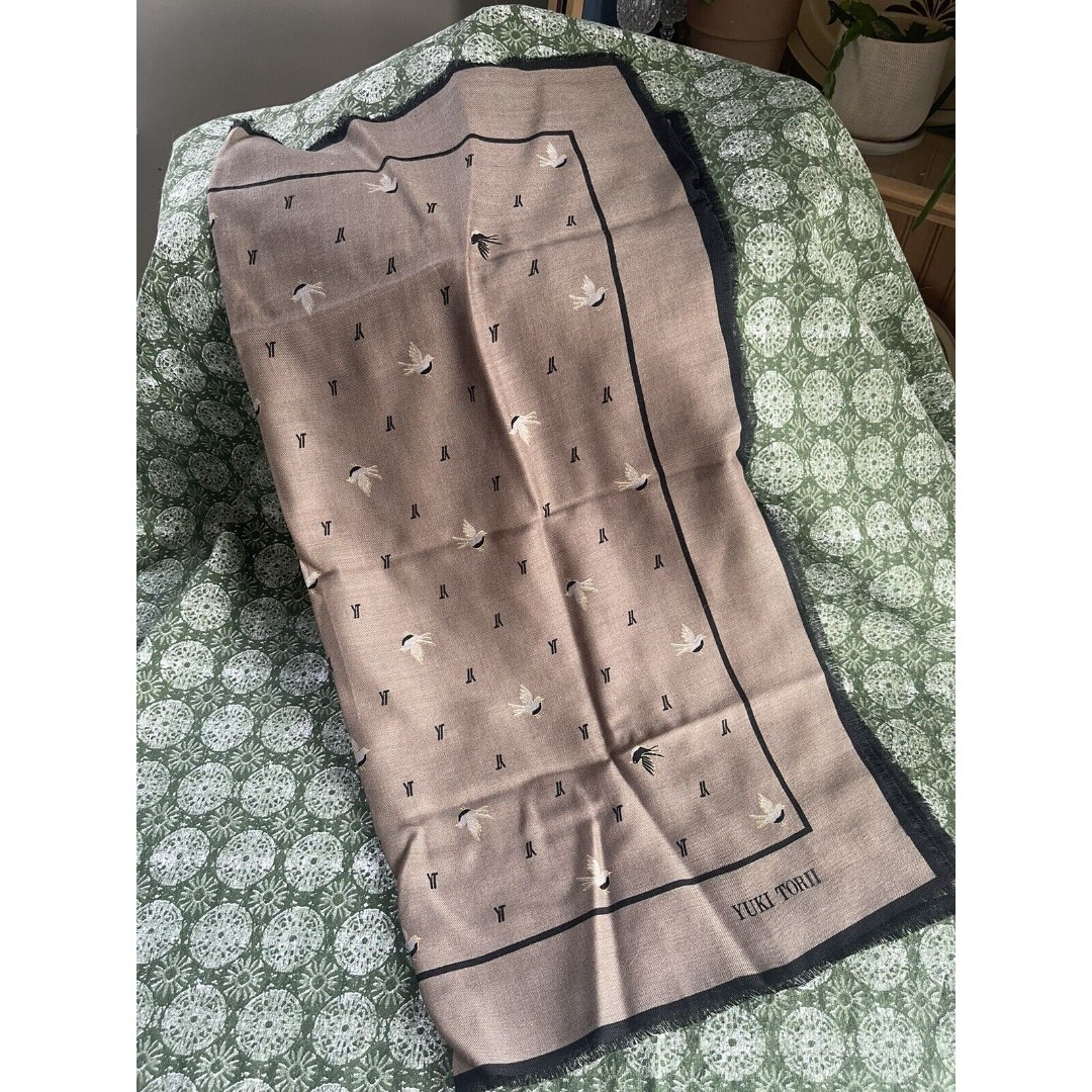 Vintage Yuki Torii Tan And Black With Birds Wool Shawl Scarf