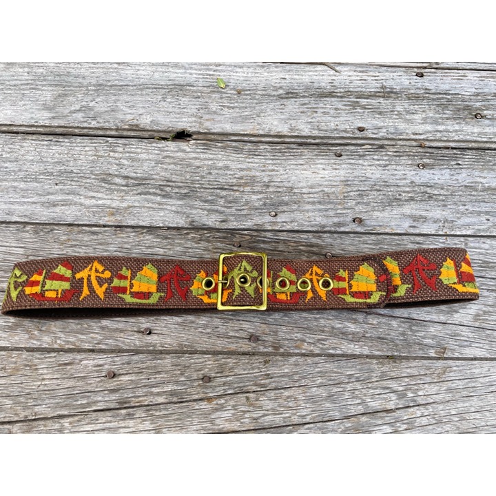 Vintage Burlap Wide Belt Chinese Embroidered Letters Ships Sz 36 -41