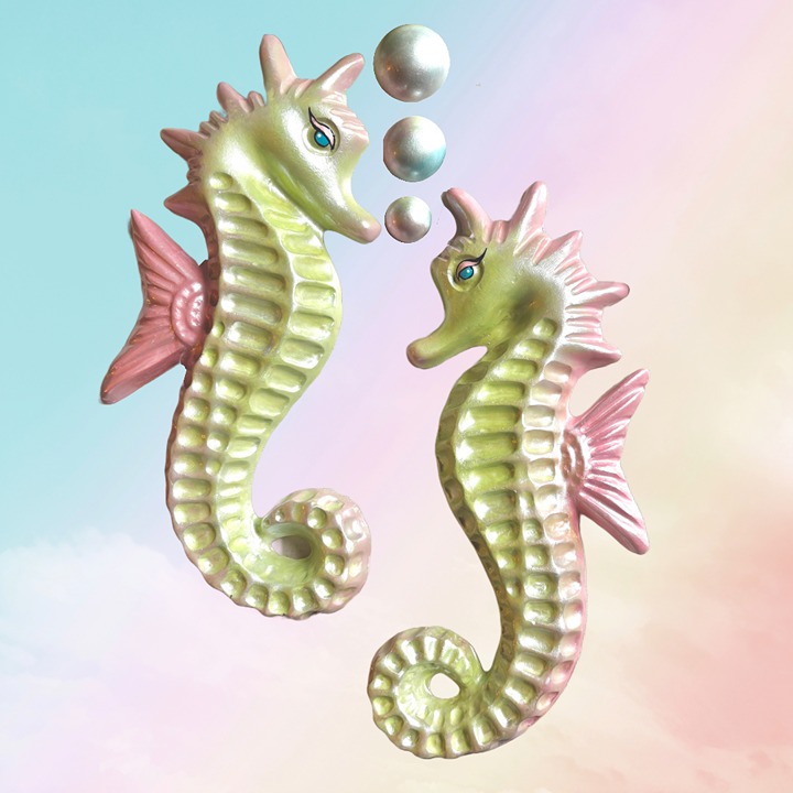 Chalkware 12" Seahorses Pink Green Set with Bubbles