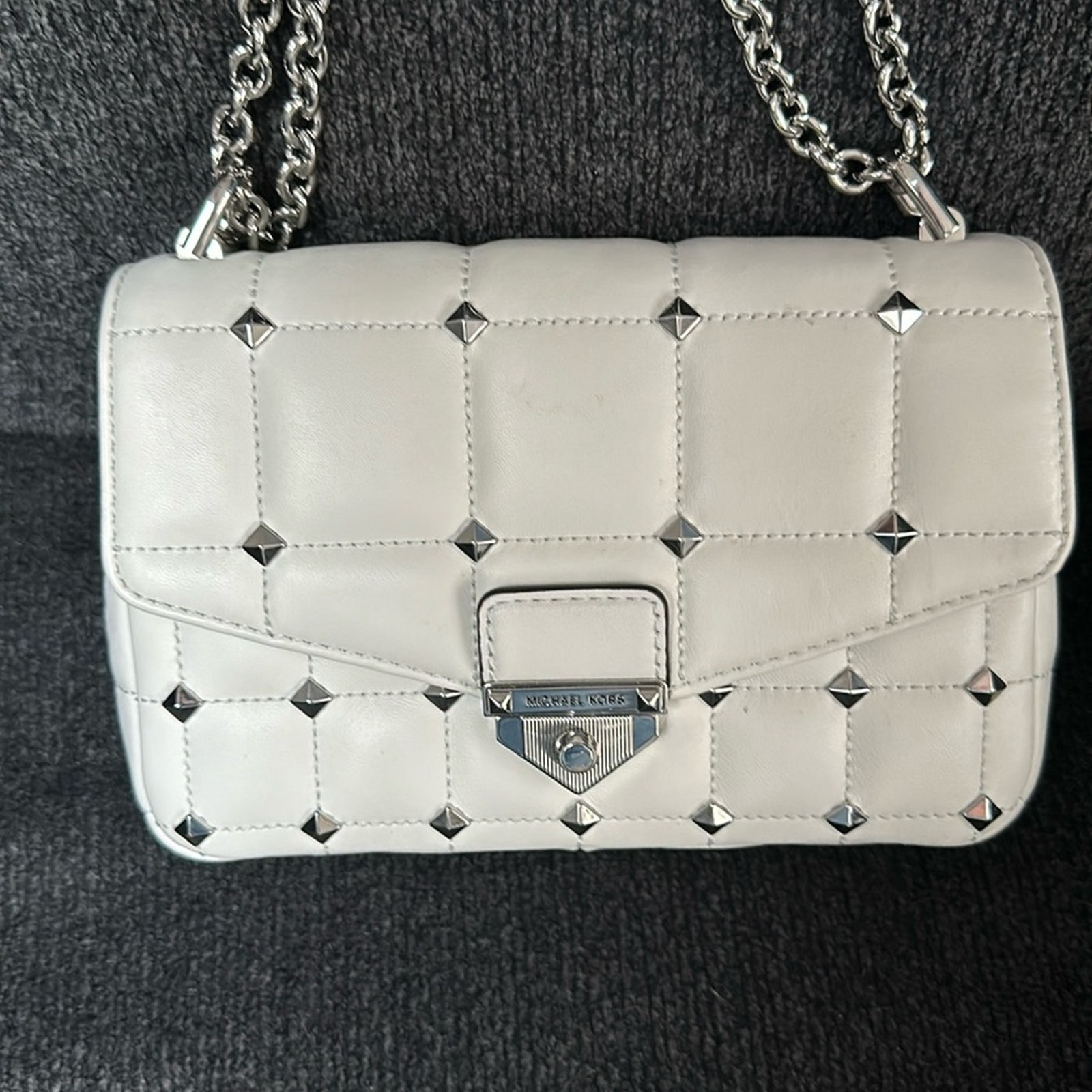 Michael Kors SoHo White Leather Quilted Chain Silver Studded Shoulder Bag