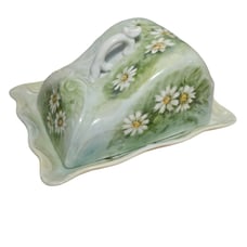 Antique Handpainted Floral Porcelain Covered Cheese Dish