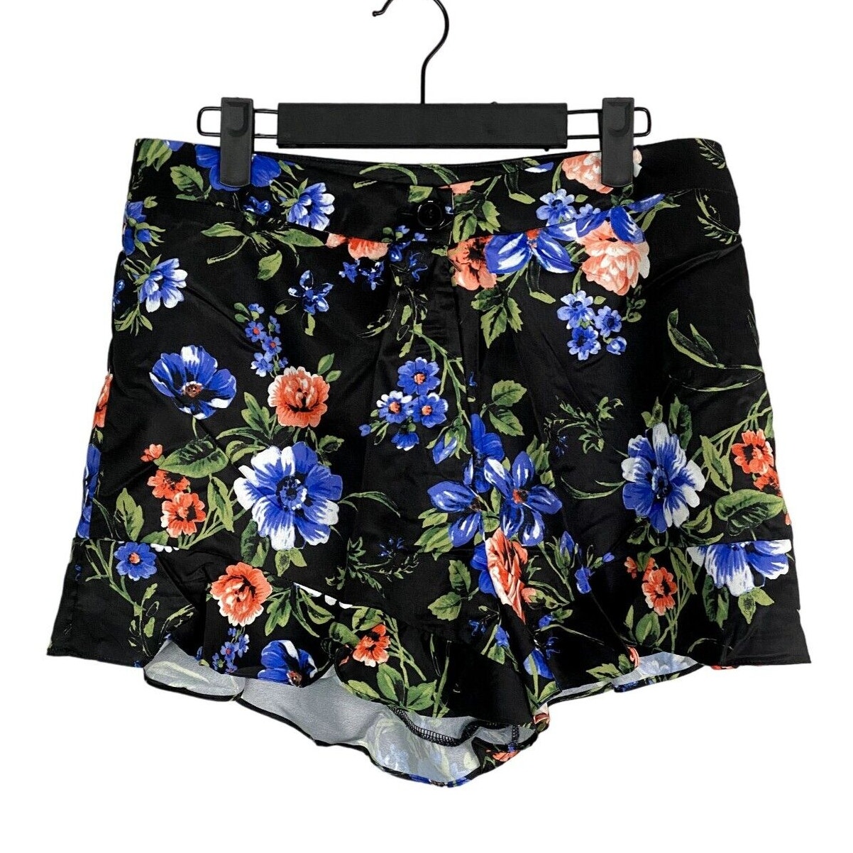 NWT Cute Floral Print Ruffled High Waist Silky Feel Button Zip Up Shorts L Black