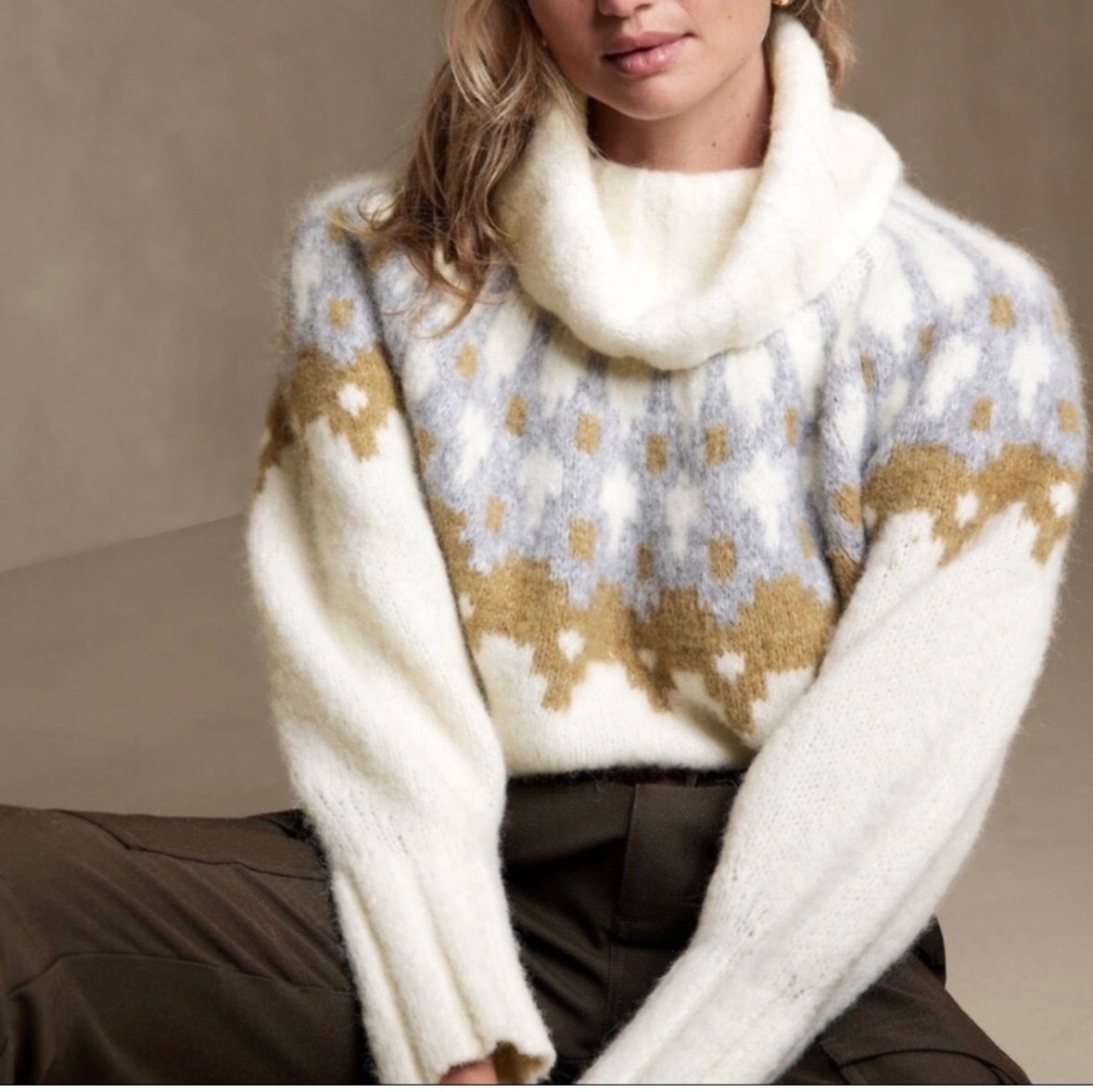 Banana Republic Bosque Oversized Fair Isle Cream / Ivory & Gray Sweater Sz Small