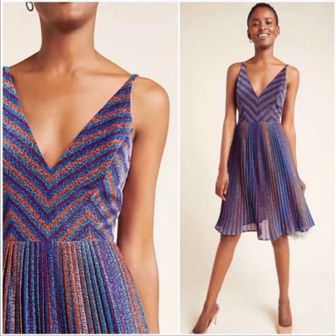 NWT Dress the Population Haley Metallic Fit & Flare Plunging Pleated Dress - XSP