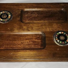 Vtg Israel Wood Serving Platter Brass and Enamel fish Meat Cheese Board Tray 18