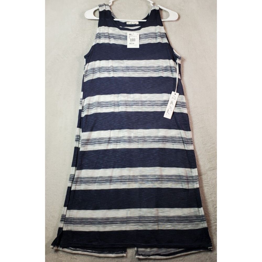 On The Road Cover Up Beach Dress Women Large Navy Striped Knit Rayon Wide Straps