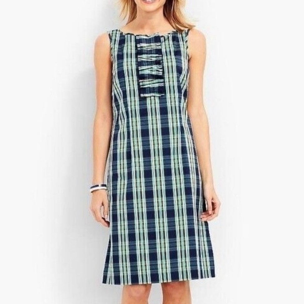 Talbots Blue Green Plaid Sleeveless Ruffle Stretch Sheath Dress Size 12