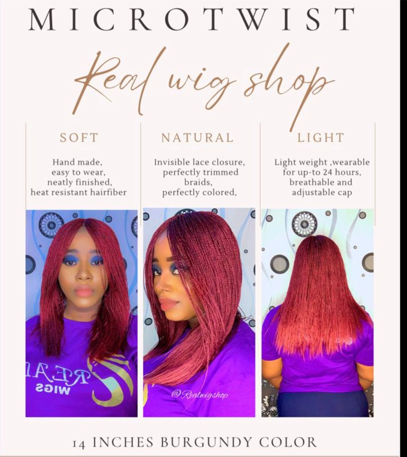 Braided wig, micro twist wig. Made on a wig cap.. color is burgundy .