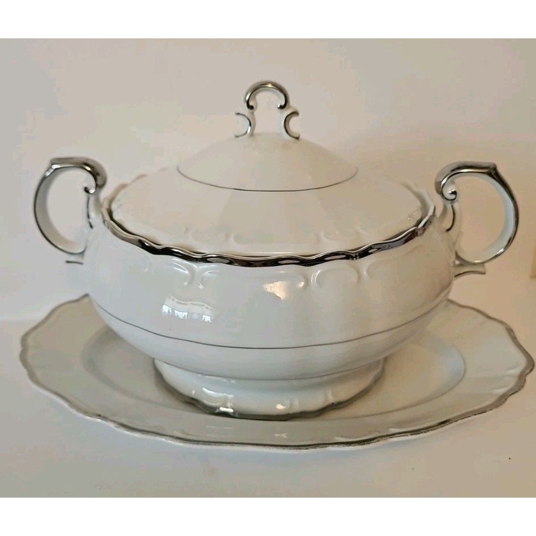 Vintage Harmony House Silver Sonata china soup tureen with a lid and a saucer