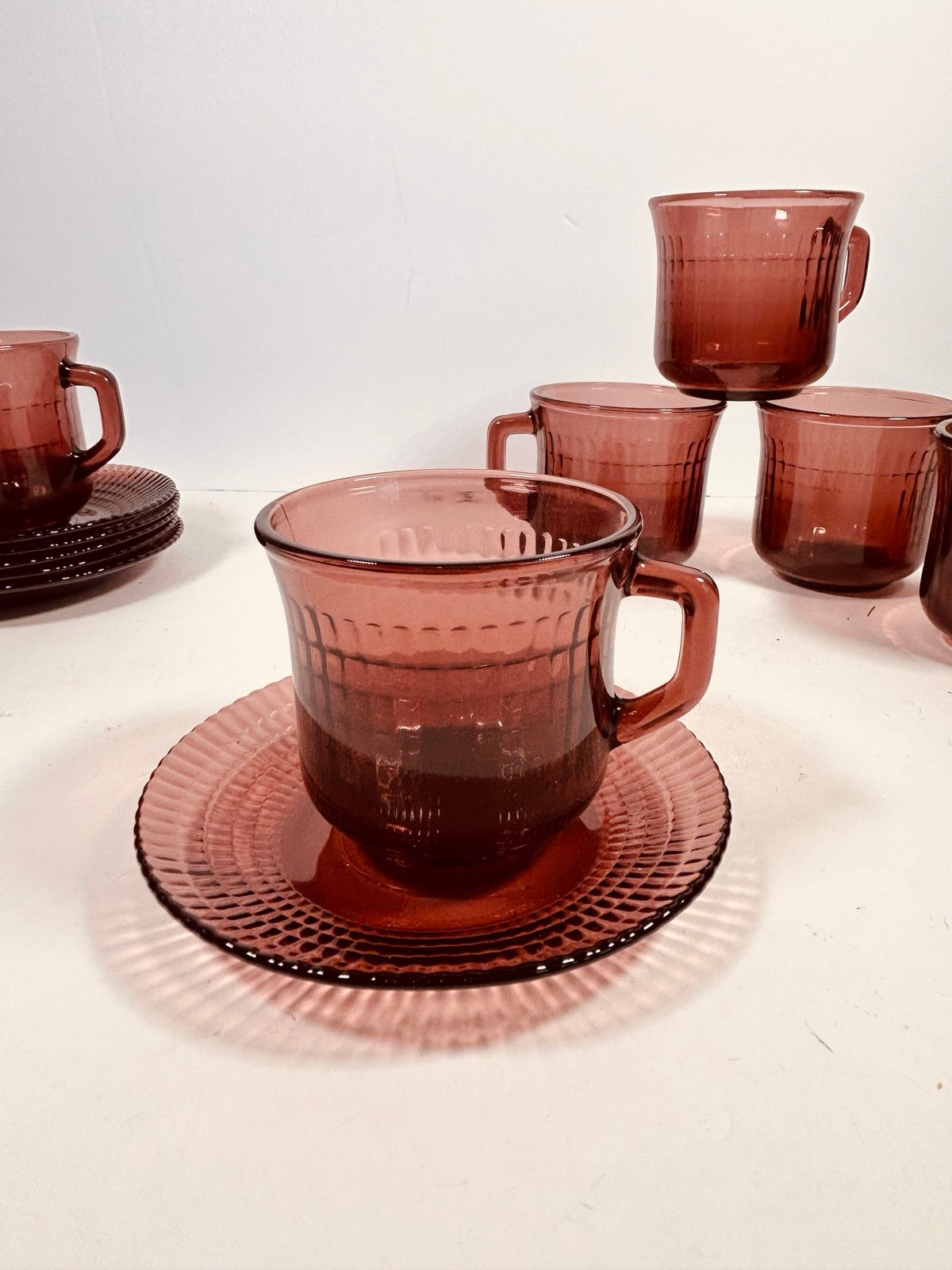 Vintage Fortecrisa Purple Amethyst Glass Cups Ribbed Set of 6 w/saucers GUC