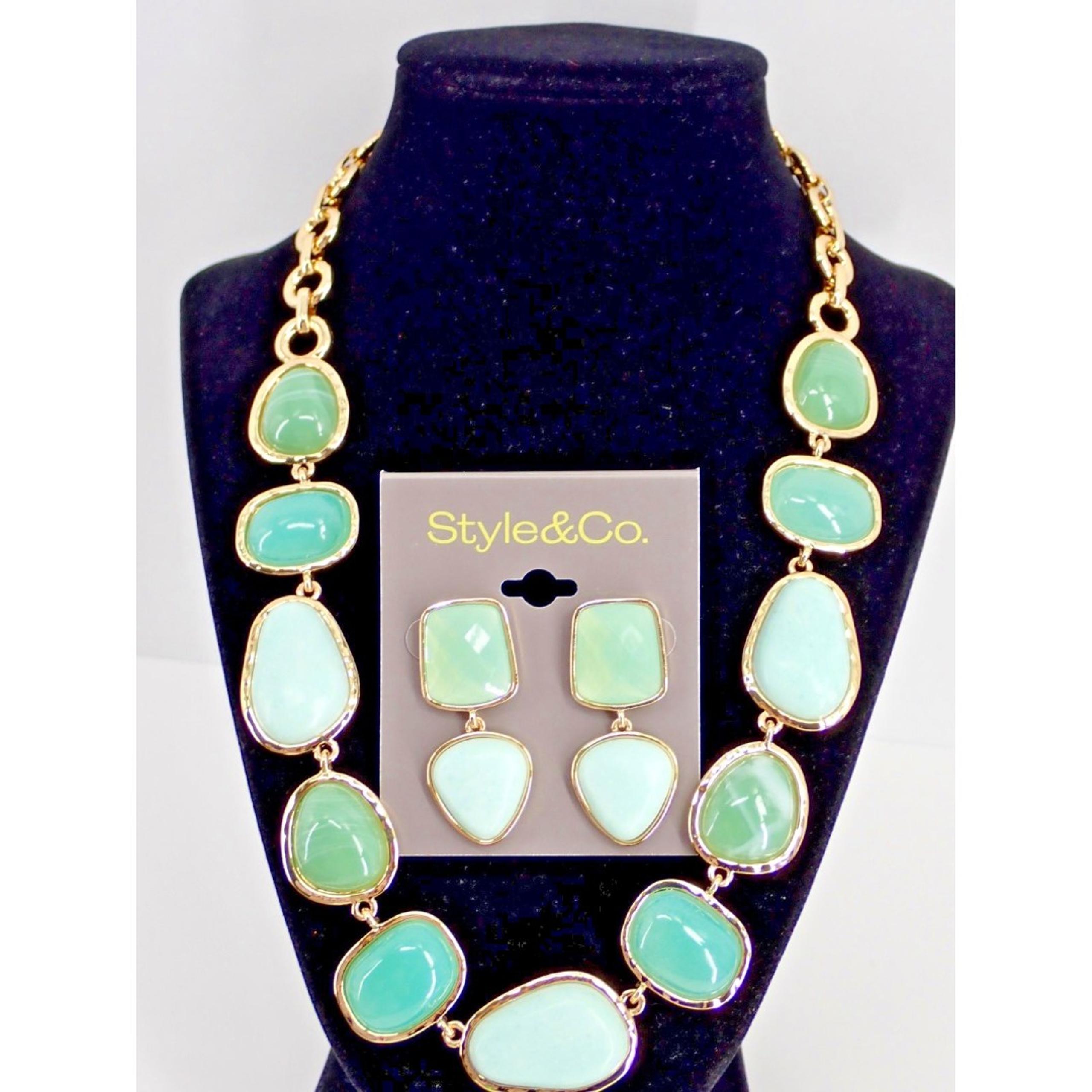 Style & Co. Gold-Tone Green Stone Statement Necklace & Matching Earring Set NWT
