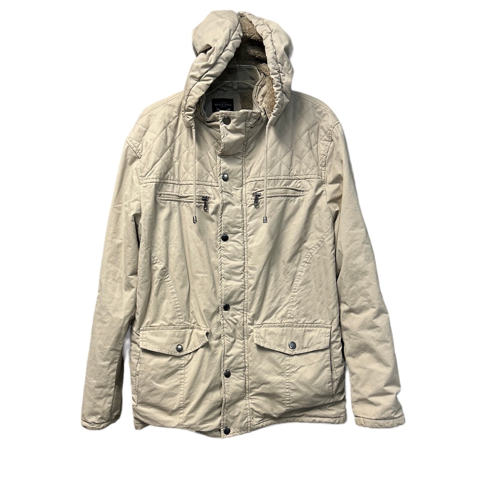 Brave Soul London Men’s Faux Fur-lined Hooded Utility Jacket Size Large
