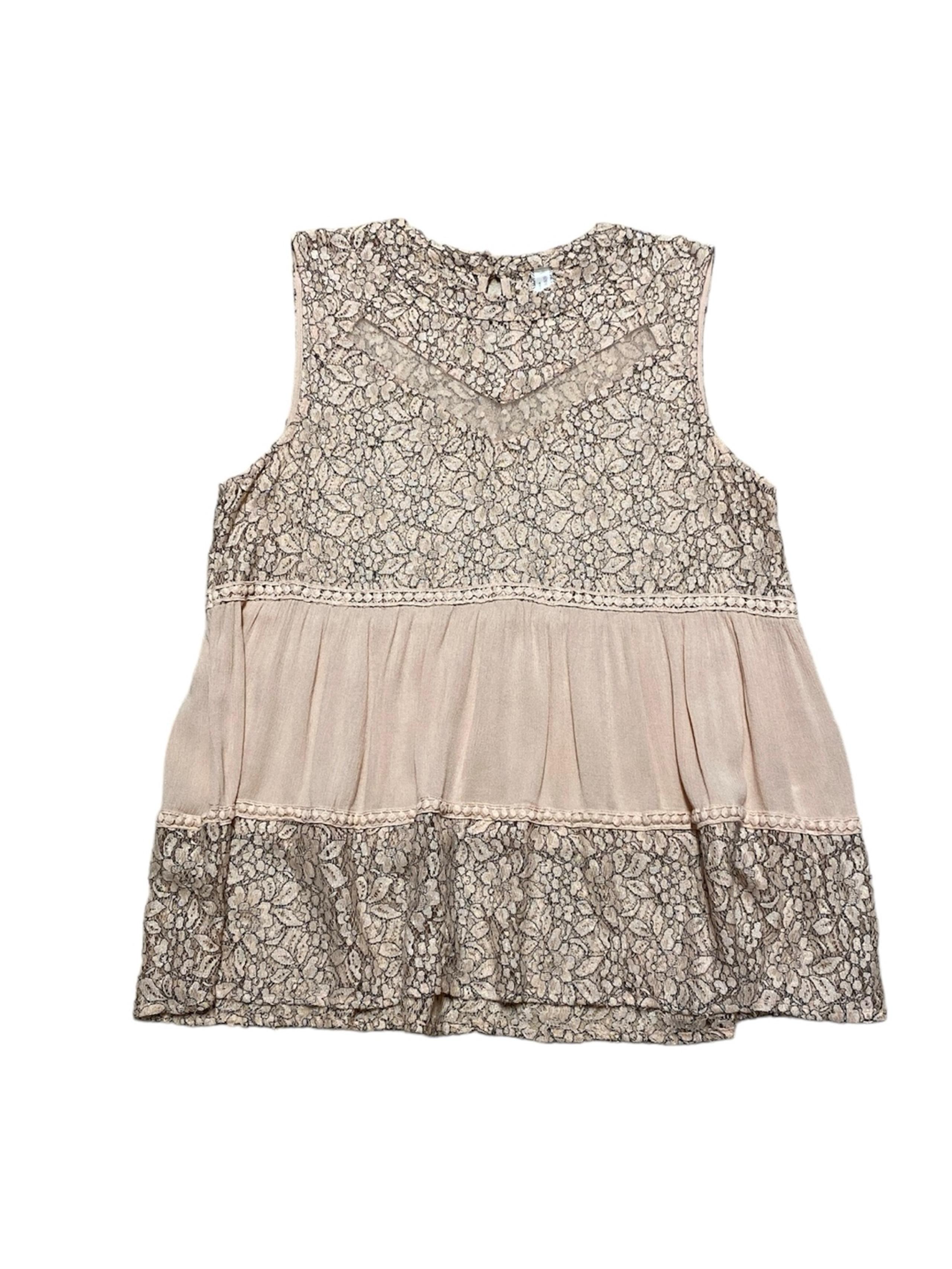 Giddy Up Glamour Lace Tank Top Women’s 1XL Pink Casual Tiered Sleeveless Blouse