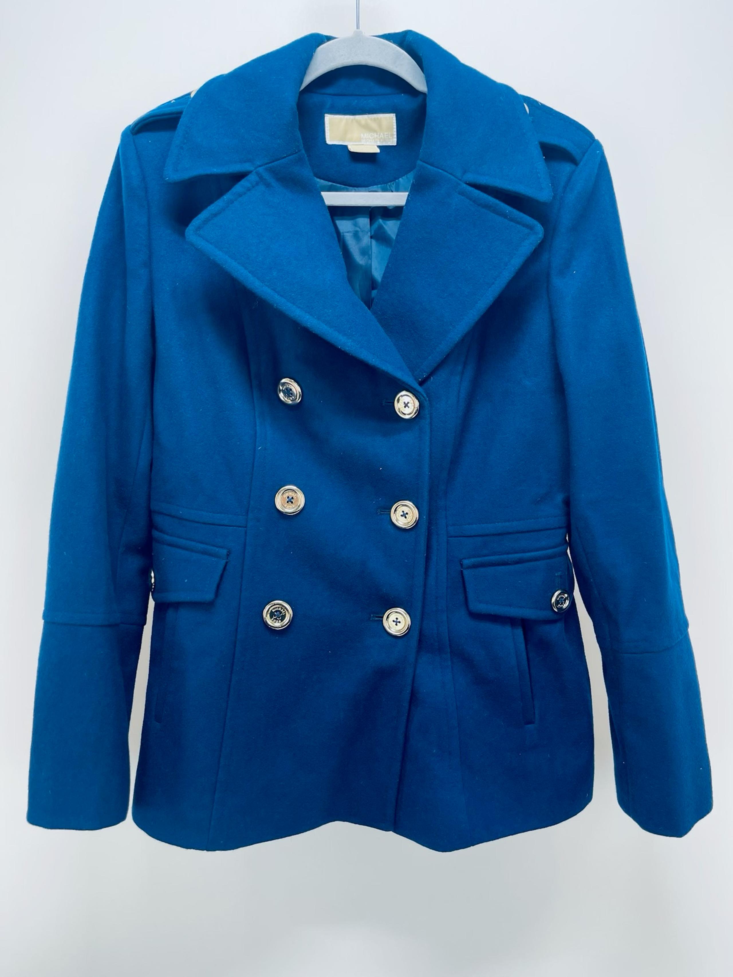 Michael Kors Wool Blend Double Breasted Pea Coat Women's Gold Button Blue Size L