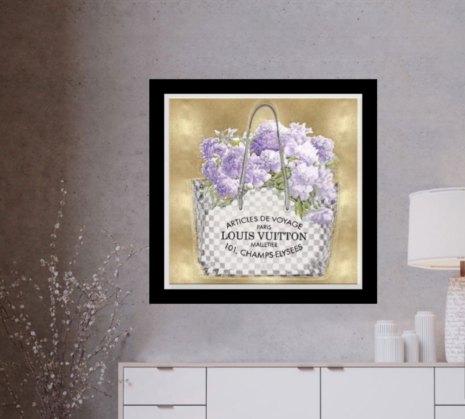 Floating "Purple Bouquet" Louis Vuitton Floral/Gold Back Splash - 17.5X17.5