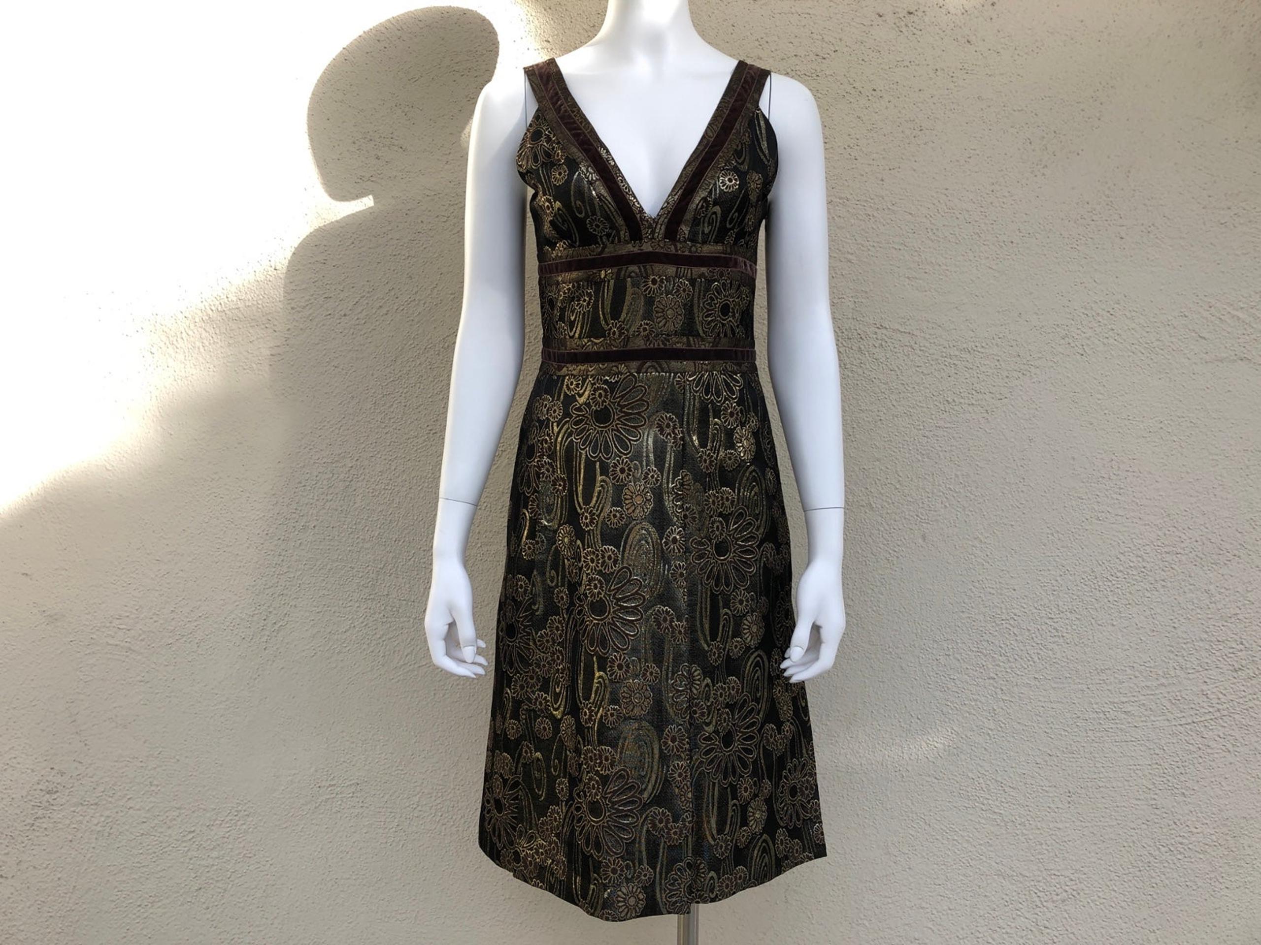 CACHAREL dress black brown gold wool v neck knee length A-line small medium 38