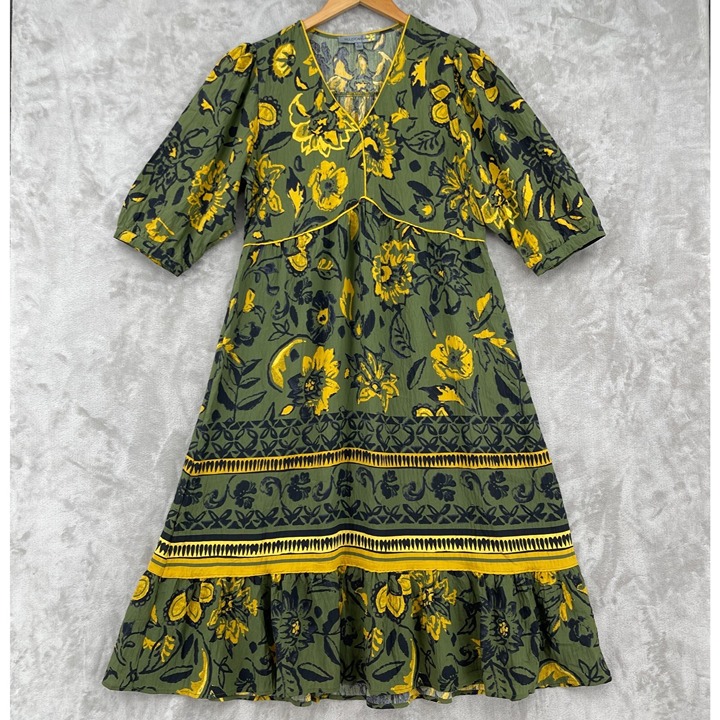 Figueroa & Flower Green Yellow Floral 1/2 Sleeve V-Neck Dress Bohemian