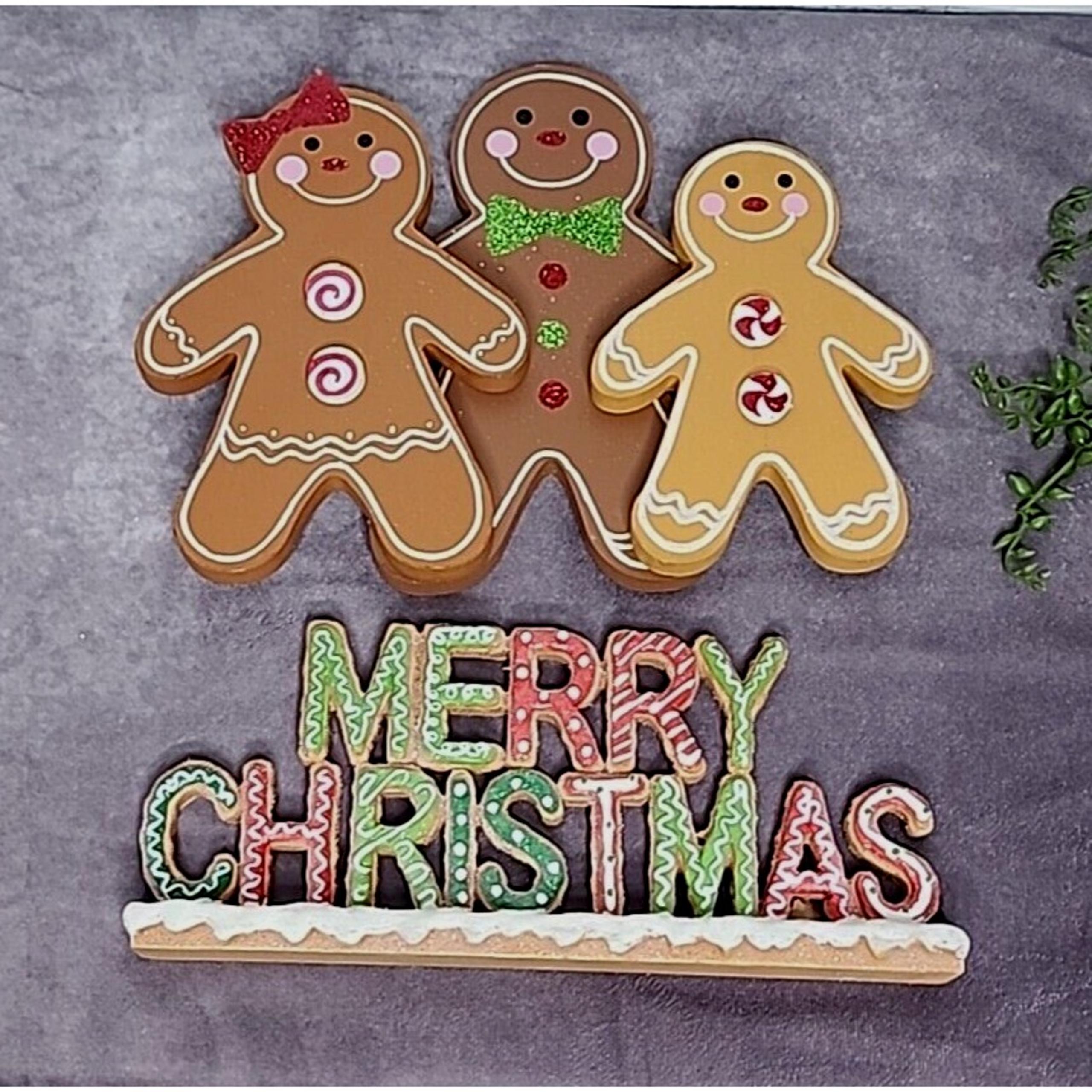 Gingerbread Family Tabletop Decor Sign Figurine Merry Christmas Resin Wood 2 Pc