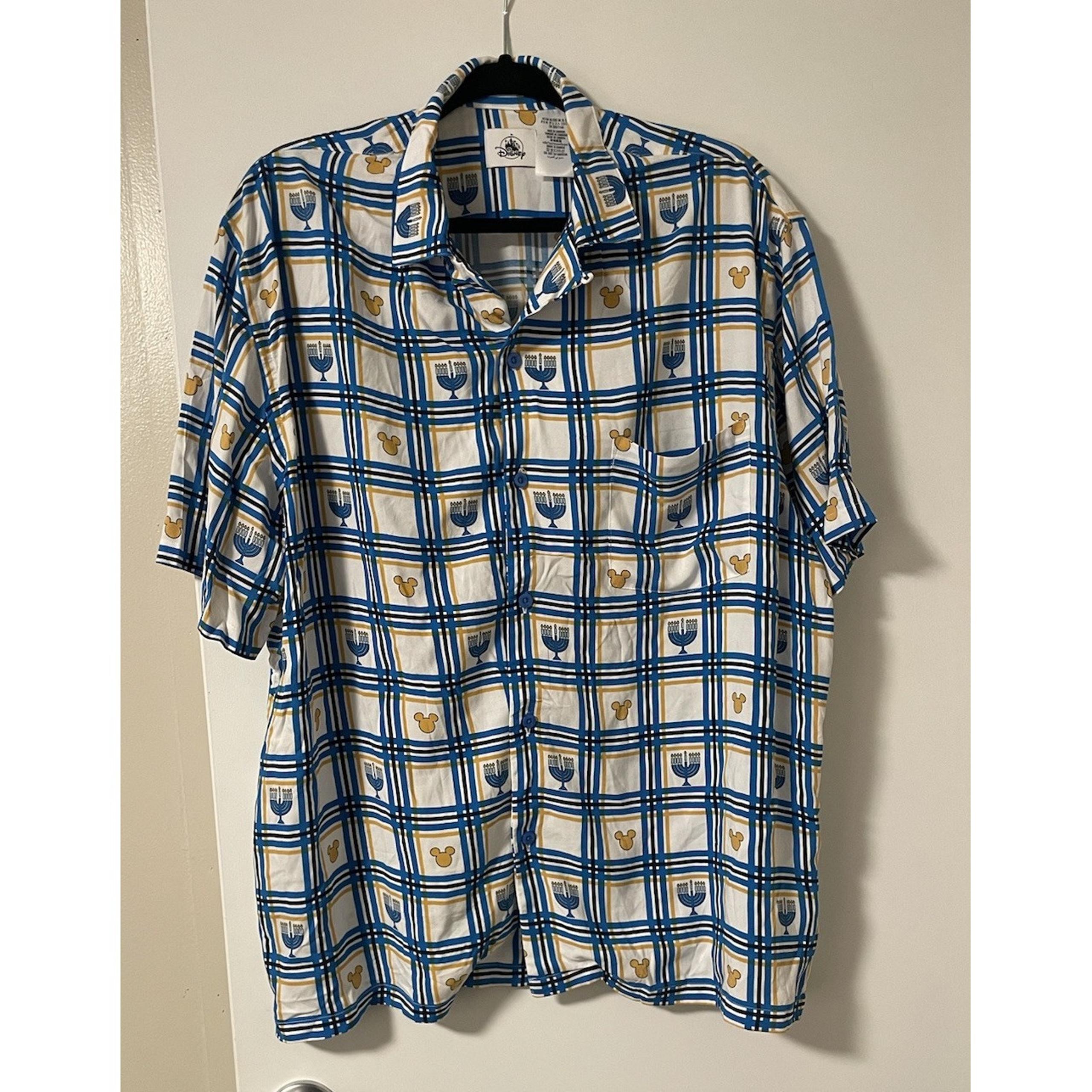 Disney Parks Hanukkah Mickey Mouse Button Down Blue Plaid Shirt Mens XL.  NWT