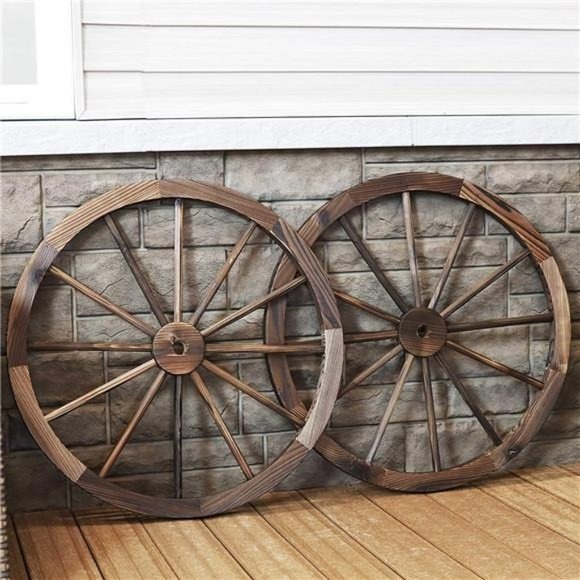 Decorative Wooden Wagon Wheel - Set of 2 - Natural Fir Wood