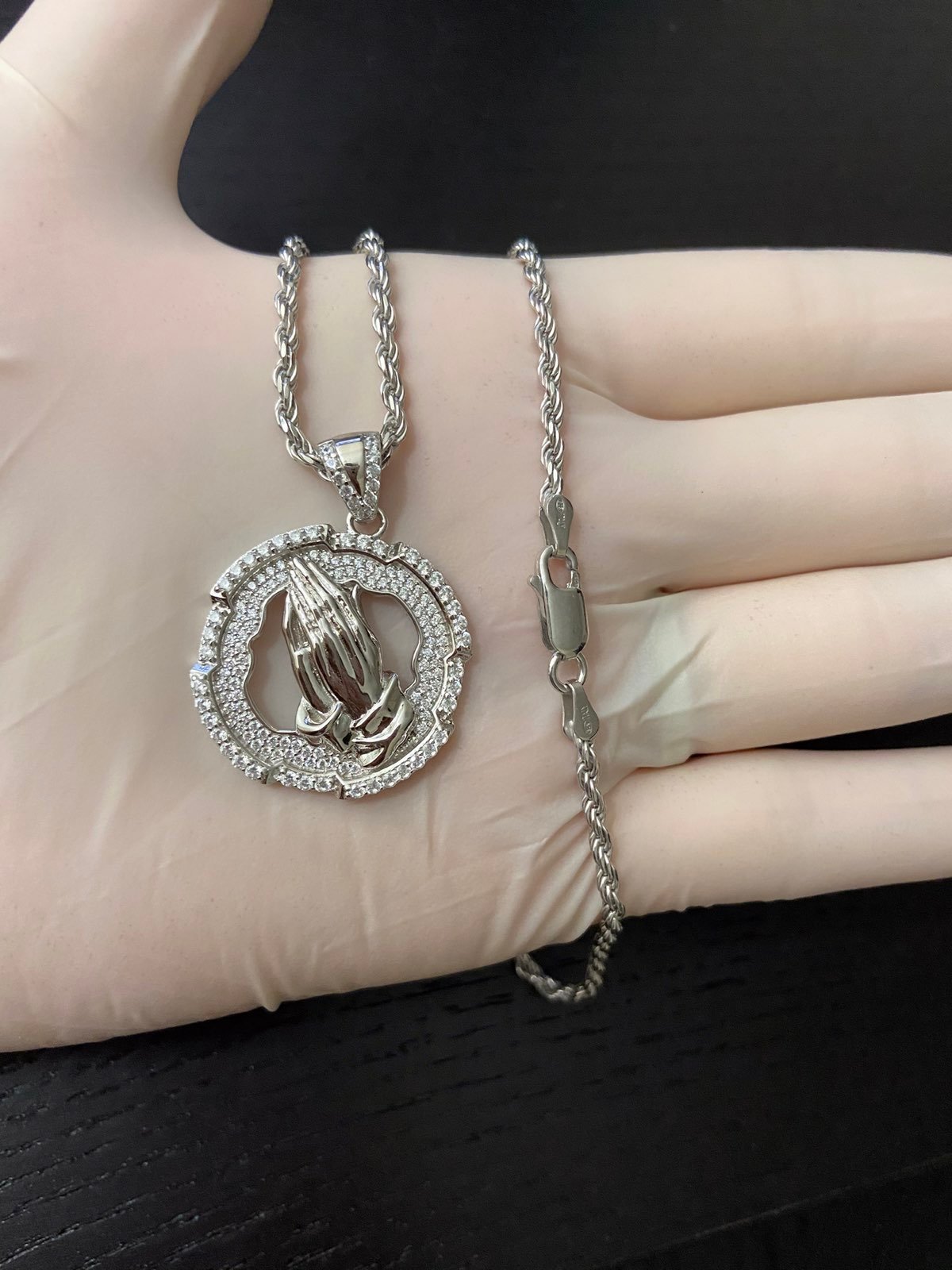 14k white gold s925 hand prayer Necklace
