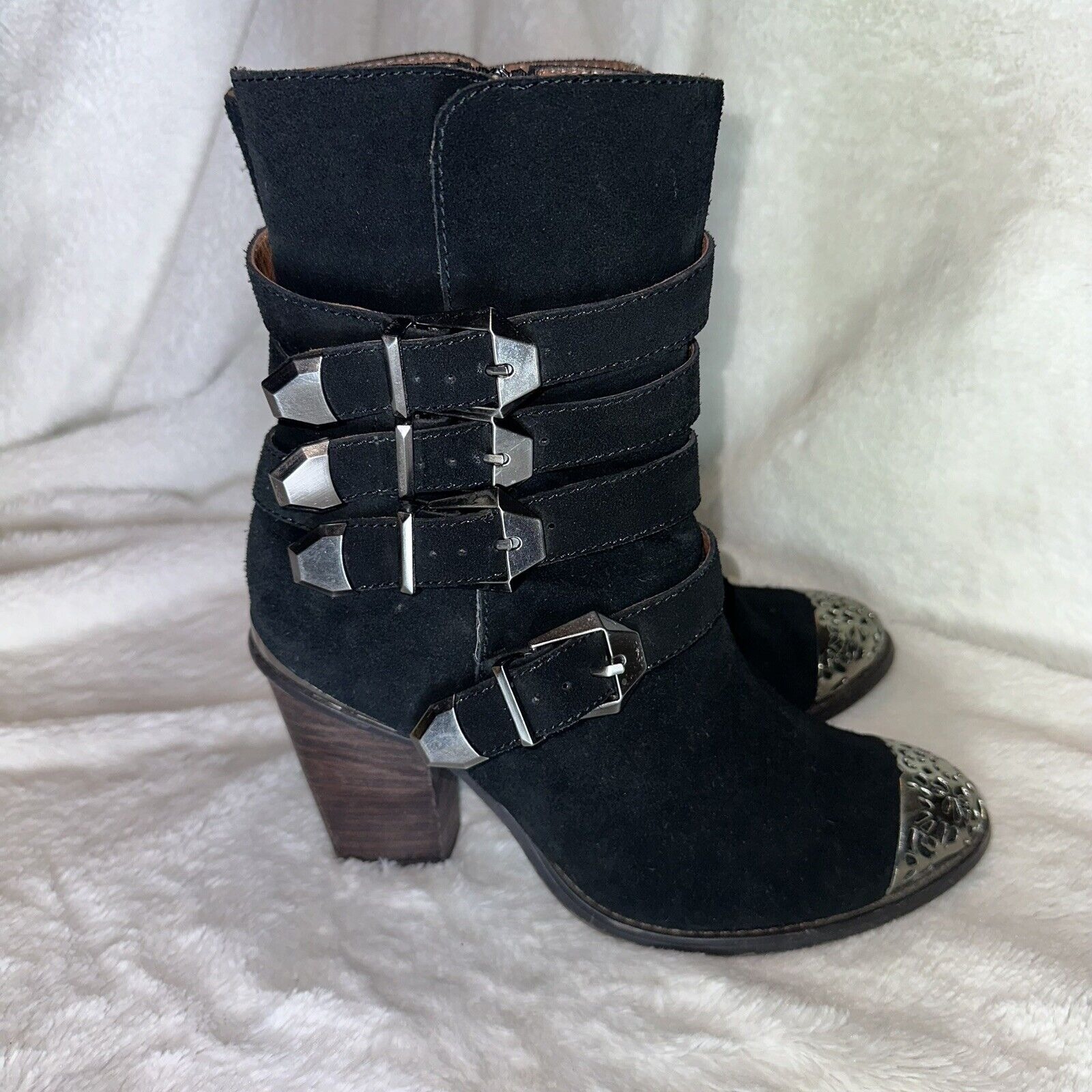 Free People Jeffrey Campbell Black Suede Pewter Toe & Buckles Ankle Boots Moto 9