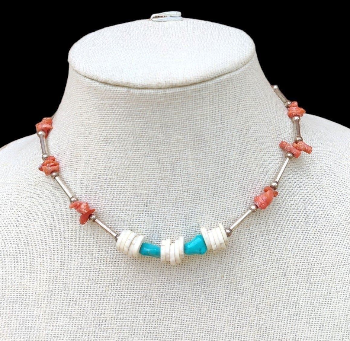 Antique sterling navajo turquoise and coral choker necklace