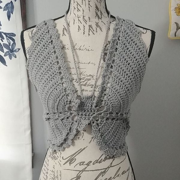 Handmade Crocheted Butterfly Festival Top 100% Cotton Grey 34-36B-C 6-8
