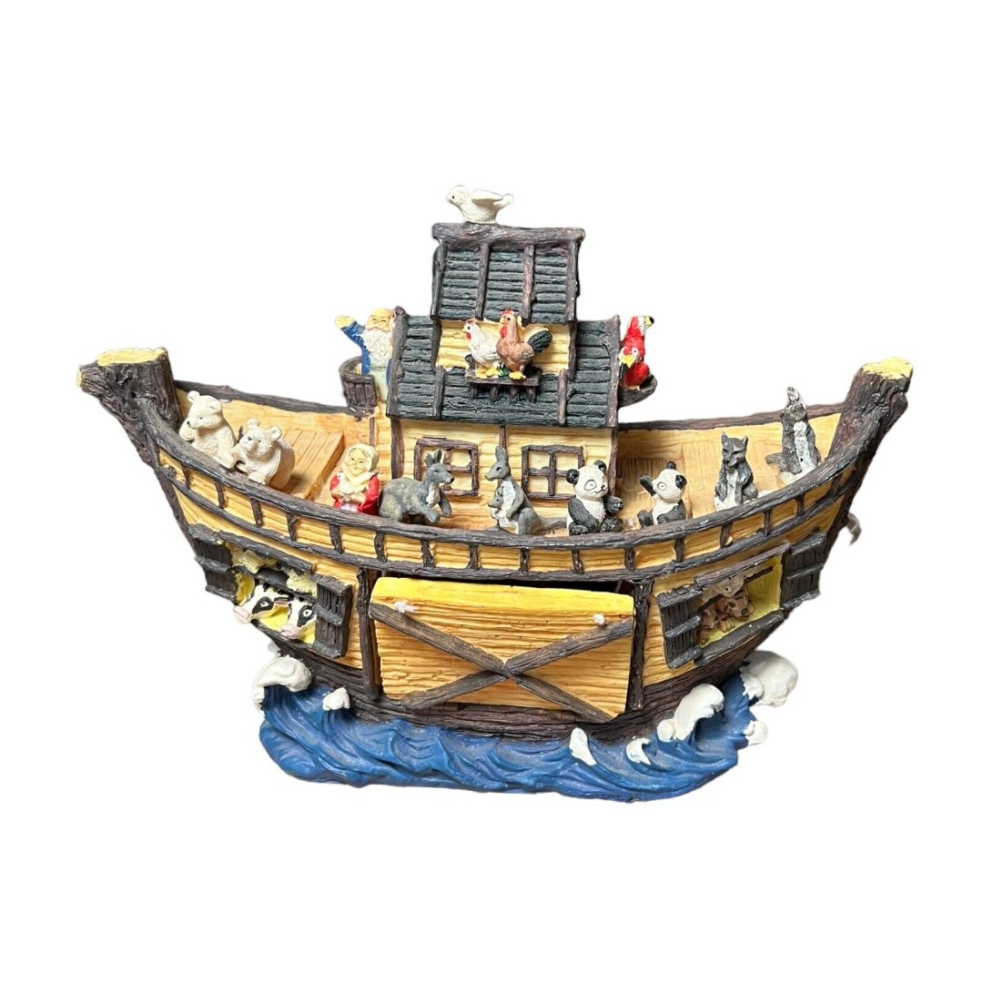 Noah's Ark Porcelain Decor Boat Animals, Opening Drop Door, Chipped Pieces